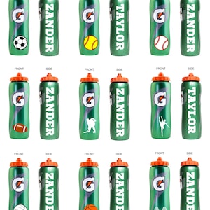 Botella de Gatorade personalizada con nombre. Regalo ideal para equipos. Ideal para cumpleaños o fiestas. Baloncesto, fútbol americano, béisbol, fútbol, voleibol, lacrosse y hockey.