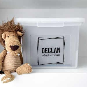 May include: A clear plastic storage box with a white lid. The label reads "DECLAN school memories" in black. A soft toy lion with a brown mane and beige body is positioned beside the box.