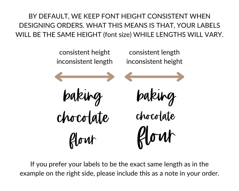 May include: Illustration showing how font height is kept consistent when designing labels, while the length of the text can vary. The example on the left shows the text "baking chocolate flour" with consistent height but inconsistent length. The example on the right shows the text "baking chocolate flour" with consistent length but inconsistent height.