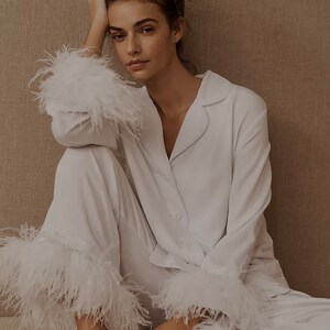 Bride and bridesmaids feather pajama set.  White with ostrich feathers that are removable.  High quality beautifully made!