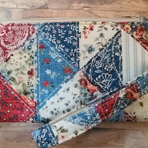 Patchwork Americana look red, white, denim blue color handmade wristlet purse with detachable handle