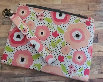 Wristlet purse, coral, pink, peach floral wristlet zipper pouch, removable handle, handmade in USA, fabric wallet, small purse handbag, gift