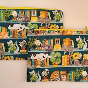 Fabric Zipper Pouch, Cats Books Plants Pattern, Cat Lover Reader Gift