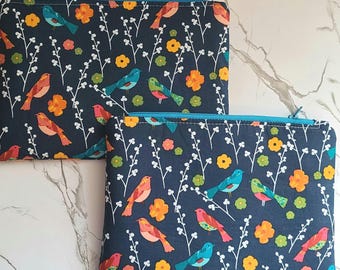 Floral Bird Zipper Pouch, Navy Blue Cotton, Travel Gift