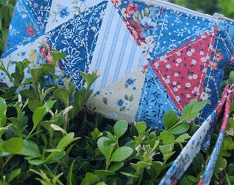 Patchwork Americana look red, white, denim blue color handmade wristlet purse with detachable handle