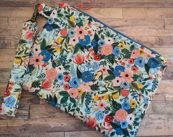 Wristlet purse, wristlet zipper pouch, Rifle Paper Company blue floral fabric, fashion purse, fabric wallet, small purse, handbag, gift