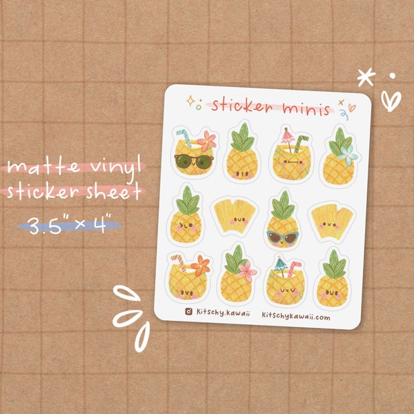 Pineapple Sticker Sheet | Apple Stickers - Cute Food Stickers - Cute Stationery - Planner Stickers - Cute Fruit Stickers - Kawaii Food