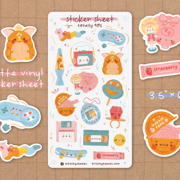 | de feuille d’autocollants des années 90 Stickers rétro - Autocollants Kawaii - Papeterie mignonne - Autocollants Planner - Autocollants enfants années 90 - Autocollants Geek - Tamagotchi