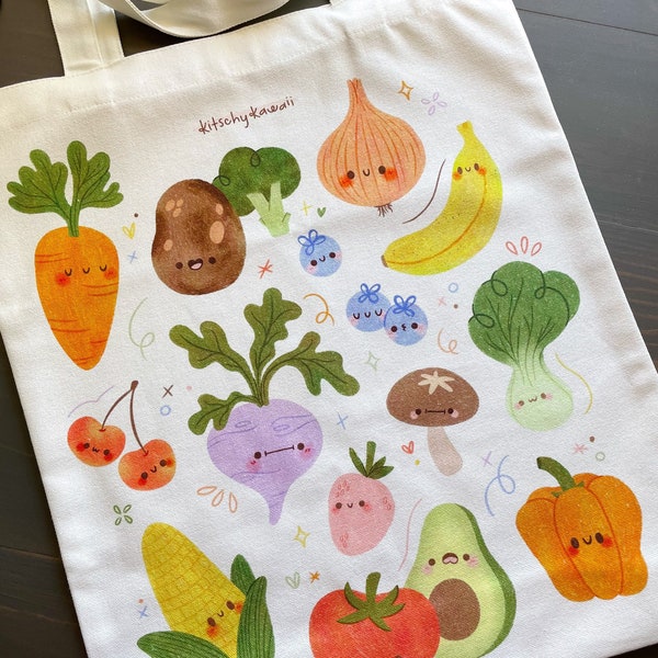 Fruit & Vegetable Tote Bag | Cute Market Bag | Kawaii Fruit | Project Bag | Shopping Bag | Veggie Tote | Farm Tote | Gardening Bag