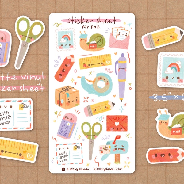 Pen Pals Vinyl Sticker Sheet | Happy Mail Stickers - Kawaii Stickers - Cute Stationery - Planner Stickers - Bujo - Waterproof - Stationery