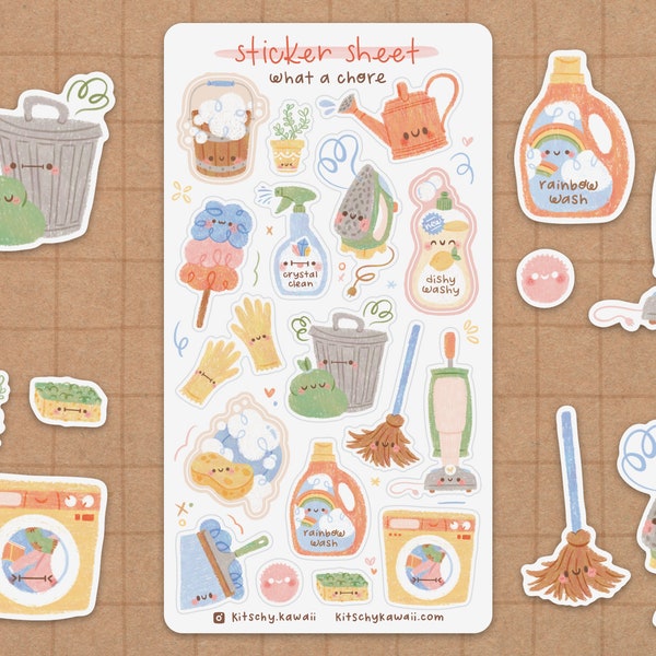 Cleaning Vinyl Sticker Sheet | Cute Cleaning Stickers - Kawaii Stickers - Cute Stationery - Planner Stickers - Bujo - Waterproof -Stationery