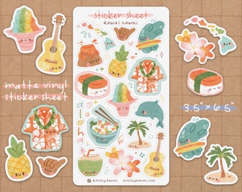 Hawaii Vinyl Sticker Sheet | Beach Stickers - Kawaii Stickers - Cute Stationery - Planner Stickers - Bujo - Vacation Stickers - Tropical