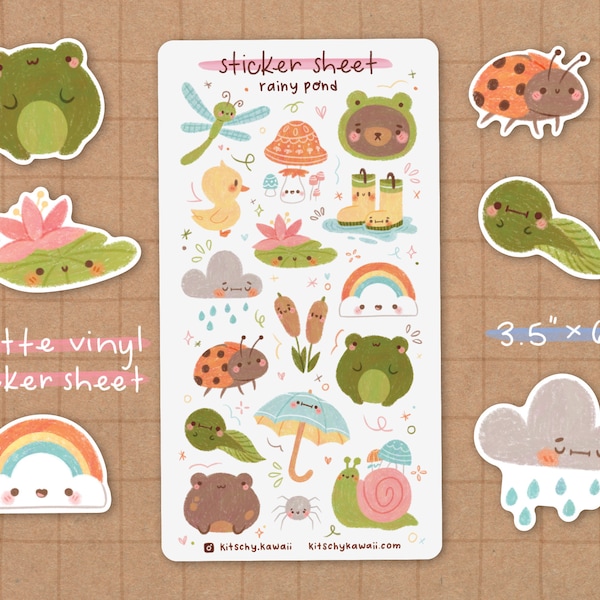 Rainy Pond Sticker Sheet | Frog Stickers - Kawaii Stickers - Cute Stationery - Planner Stickers - Animal Stickers - Weather Stickers - Plant