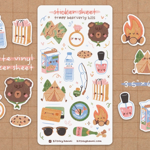 Camping Bear Vinyl Sticker Sheet | Troop Beverly Hills Stickers - Kawaii Stickers - Cute Stationery - Planner Stickers -Bujo-Animal Stickers