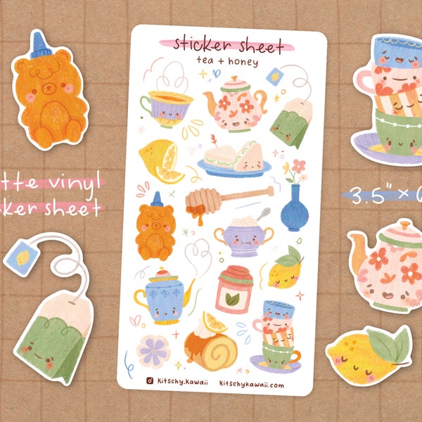 tea + honey Sticker Sheet | Tea Stickers - Kawaii Stickers - Cute Stationery - Planner Stickers - Honey - Teapot Stickers - Lemon Sticker