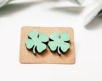 St Patrick Stud Earring, Wood Shamrock Earring, Green Shamrock Earring, Painted Wood Stud, Hypoallergenic, Minimalistic Natural Wood Earring