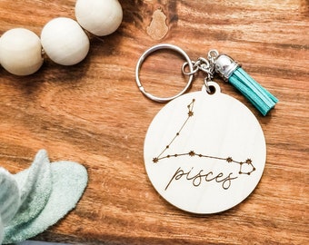 Pisces keychain, Pisces Star Sign, Zodiac Wood Engraved Keychain, March Birthday gift, Pisces constellation keychain, Zodiac gift, Pisces