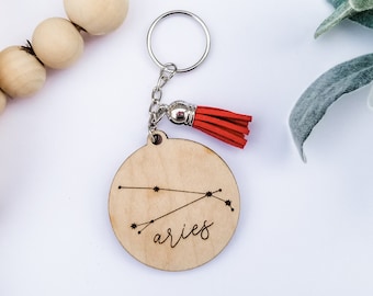 Aries keychain, Aries Star Sign, Zodiac Wood Engraved Keychain, March Birthday gift, Aries constellation keychain, Zodiac gift, Aries