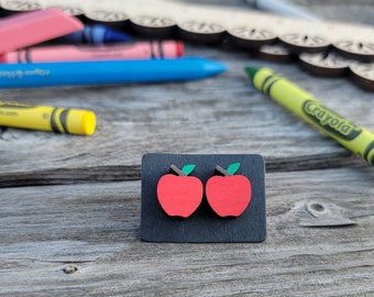 Apple Earrings,  Apple Stud Earrings, Teacher Gift, Teacher earrings, Fall earring, Wood Studs, Hypoallergenic, Minimalistic Wood Earring