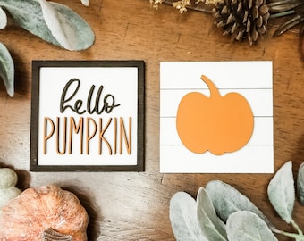 Fall Tier Tray Set, Hello Pumpkin Sign, Tier Tray Mini Signs, Thanksgiving Table Decor, Pumpkin Wood Sign, 3D Wood Signs, Entry way decor