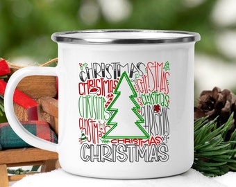 Christmas tree typography mug, Christmas campfire mug, cute winter enamel mug, unique Christmas coffee cup, hand lettered Christmas tea mug
