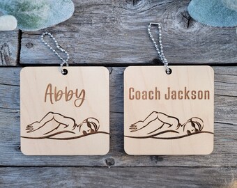 Swim Bag Tag, Engraved Swimmer Name Tag, Personalized Swim Bag Charm, Swim Coach Gift, Swim Team Gift, Swimmer Bag Charm, Swim Name Tag
