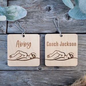 Swim Bag Tag, Engraved Swimmer Name Tag, Personalized Swim Bag Charm, Swim Coach Gift, Swim Team Gift, Swimmer Bag Charm, Swim Name Tag