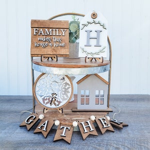 Farmhouse Tier Tray Set, Family Sign, Boho coffee bar, Farmhemian shelf sitter, Gather garland, All Season shelf sitter, Entryway decor