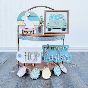 Easter Tier Tray Set,  Hoppy Easter Sign, Farmhouse Truck Decor, Shiplap bunny sign, Easter egg garland, Easter Decor kit, mantle decor