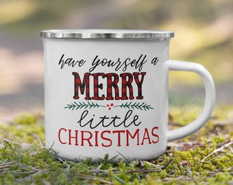 Have yourself a merry little Christmas mug, Christmas campfire mug, cute winter enamel mug, buffalo plaid coffee cup, Christmas tea mug