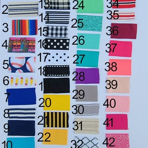 May include: A chart of 42 different ribbon samples, each with a unique pattern and color. The ribbons are numbered 1 through 42.