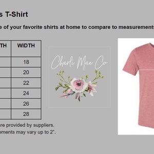 Puede incluir: Tabla de tallas para una camiseta Bella Canvas, que muestra las medidas en pulgadas para las tallas S a 3X. La tabla incluye las medidas de longitud y ancho. La imagen tambi&eacute;n muestra una camiseta rosa con el texto "Charli Mae Co" en la parte delantera.