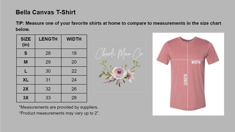Puede incluir: Tabla de tallas para una camiseta Bella Canvas, que muestra las medidas en pulgadas para las tallas S a 3X. La tabla incluye las medidas de longitud y ancho. La imagen tambi&eacute;n muestra una camiseta rosa con el texto "Charli Mae Co" en la parte delantera.
