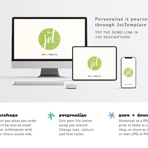 May include: A digital mockup showing how a customizable desktop wallpaper with the text "jet" in a green circle can be used on a computer, tablet, and phone. The text "Personalise it yourself through JetTemplate" is also included in the image.