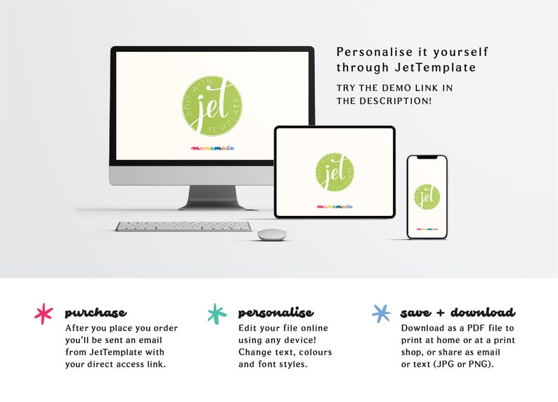 May include: A digital mockup showing how a customizable desktop wallpaper with the text "jet" in a green circle can be used on a computer, tablet, and phone. The text "Personalise it yourself through JetTemplate" is also included in the image.