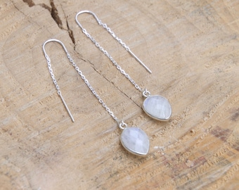 Teardrop Moonstone Sterling Silver Threader Earrings, 2.5 inch