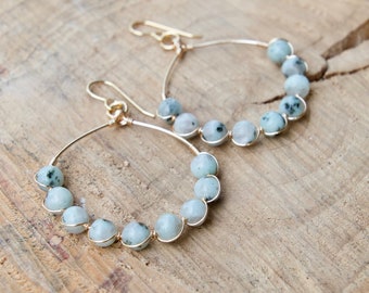 Sesame Jasper Gold Beaded Hoop Earrings, beaded hoop earrings, boho hoop earrings, gold statement earrings, gold boho earrings