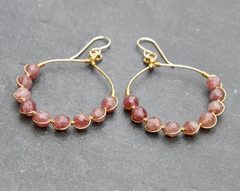 Strawberry Quartz Gold Beaded Hoop Earrings, gold bead statement earrings, gold hoop earrings, beaded hoop earrings, big gold earrings