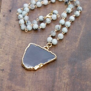 Black Agate Pendant & Dalmatian Jasper Gold Necklace, gold statement necklace, black statement necklace, gold pendant, unique gold necklace