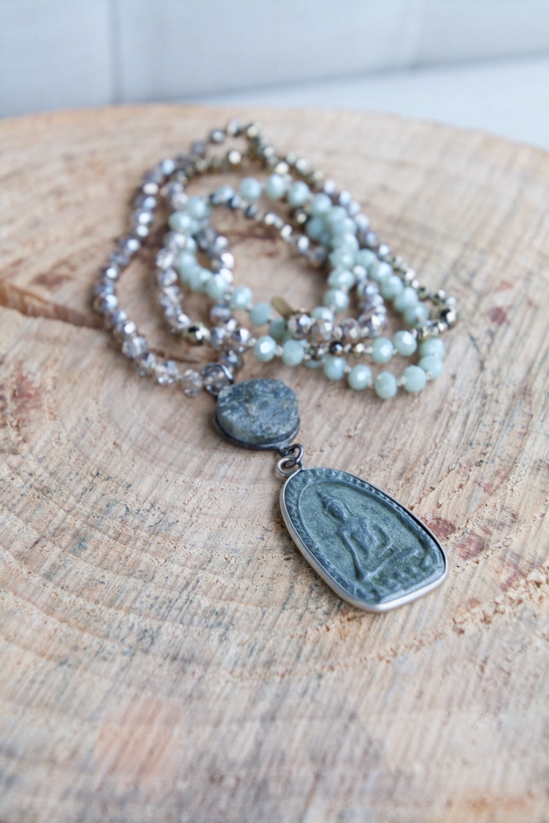 Slate Buddha Pendant Statement Necklace boho beaded necklace beaded strand necklace crystal knotted strand statement necklace