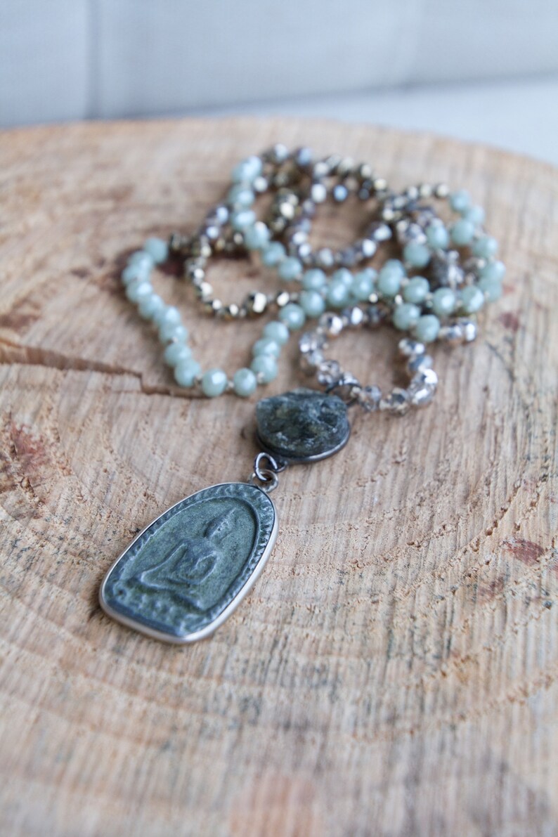 Slate Buddha Pendant Statement Necklace boho beaded necklace beaded strand necklace crystal knotted strand statement necklace