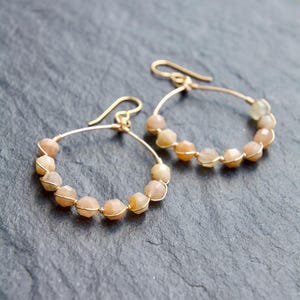 Sunstone Gold Beaded Hoop Earrings, beaded hoop earrings, boho hoop earrings, gold statement earrings, gold boho earrings, sunstone hoops