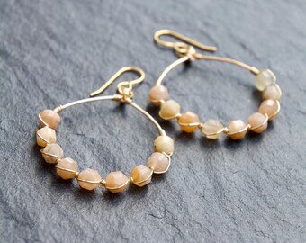 Sunstone Gold Beaded Hoop Earrings, beaded hoop earrings, boho hoop earrings, gold statement earrings, gold boho earrings, sunstone hoops