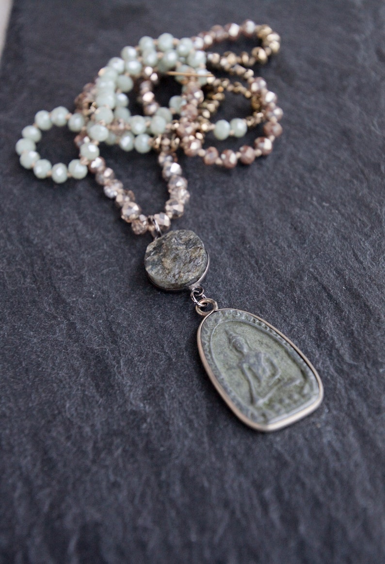 Slate Buddha Pendant Statement Necklace boho beaded necklace beaded strand necklace crystal knotted strand statement necklace