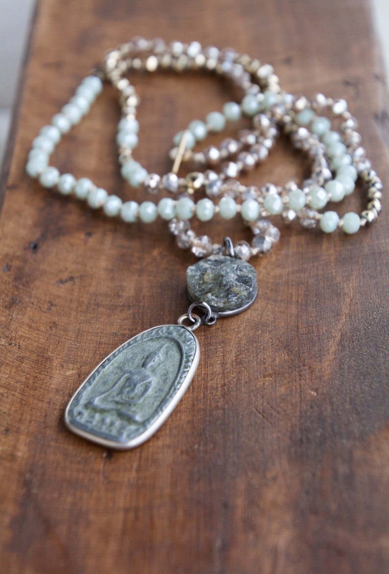 Slate Buddha Pendant Statement Necklace boho beaded necklace beaded strand necklace crystal knotted strand statement necklace