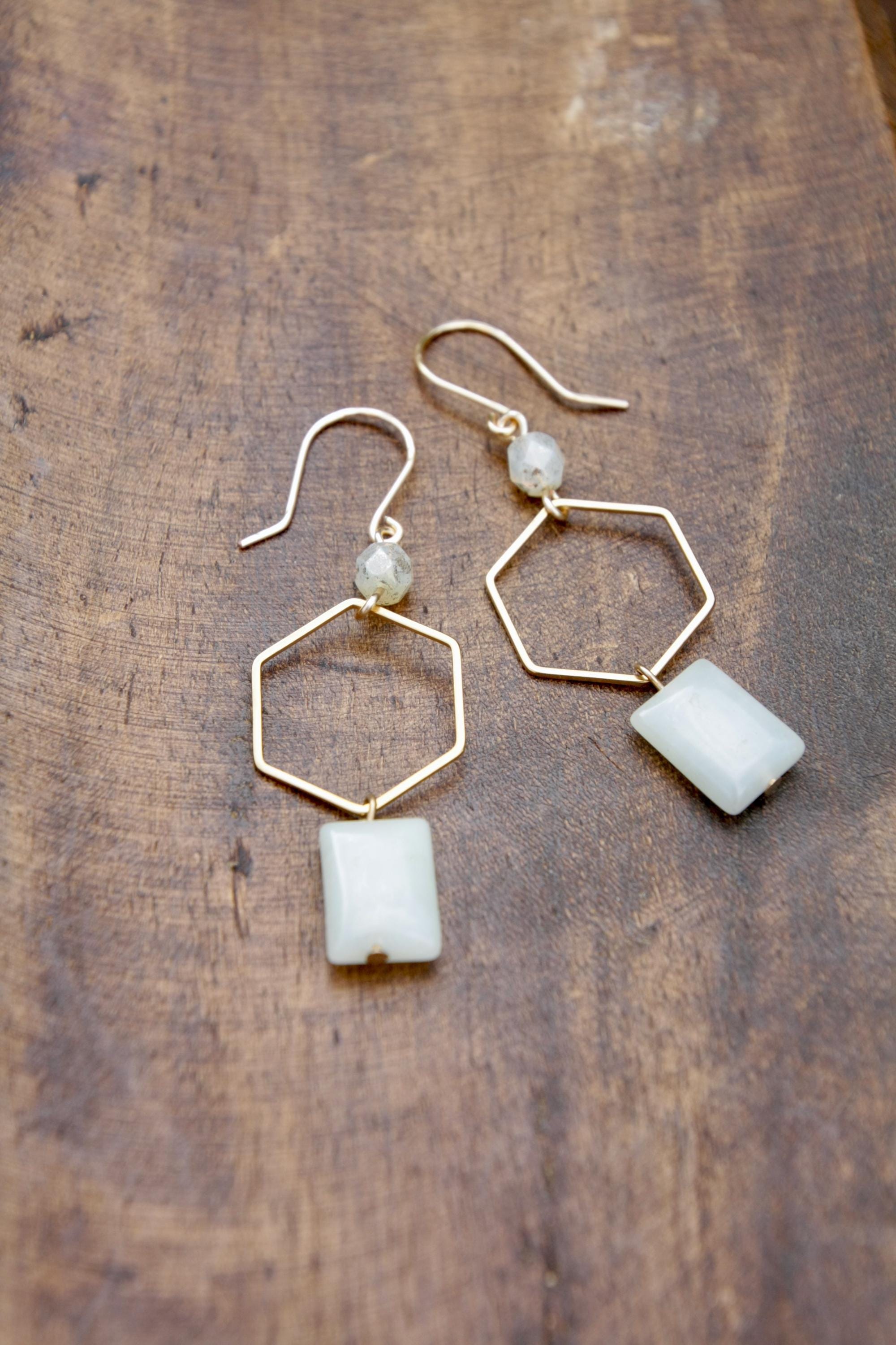 Gold Hexagon & Jade Drop Earrings, gold jade earrings, summer gold earrings, unique gold earrings geometric gold earrings boho gold earrings