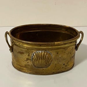 Vintage Brass Oval Planter with Seashell Medallion Ring Handles Small Coastal Cachepot