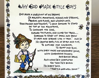 Vintage 1970s H&R Johnson Ceramic Tile Why God Made Little Boys England Inspirational Wall Plaque