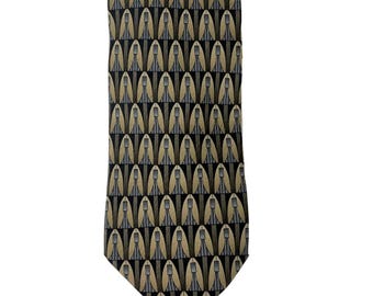 Krawat jedwabny Louis Roth Vintage z lat 80., geometryczny wzór art déco, czarno-złoty, szerokość 4 cali