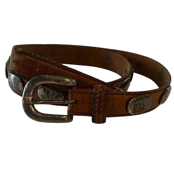 Vintage 1970s Brown Leather Concho Belt Silver Tone Oval 